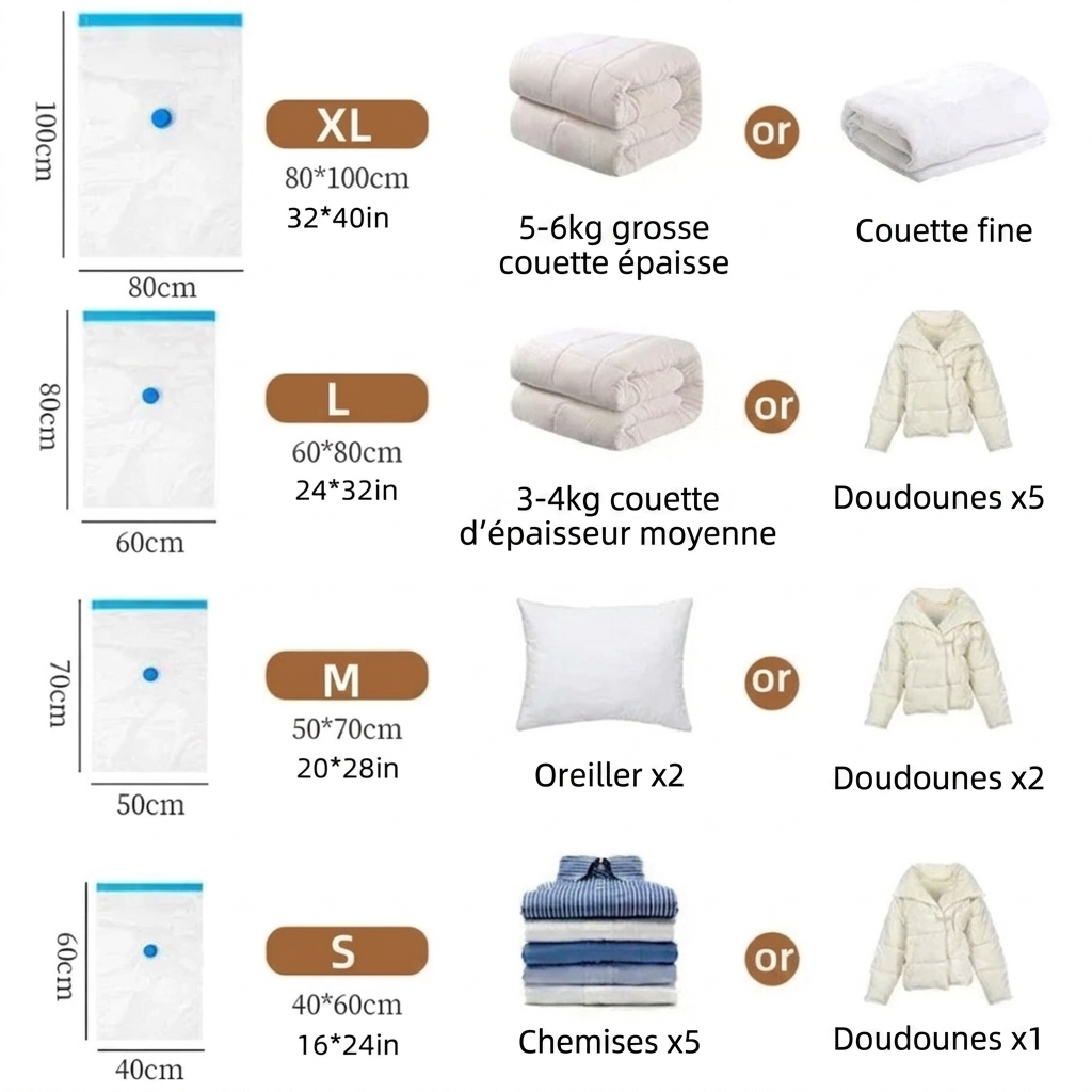 Lot de 3/5 Sacs de Compression sous Vide pour Vêtements et Literie – Gain de Place, Étanche, Organisateur de Voyage