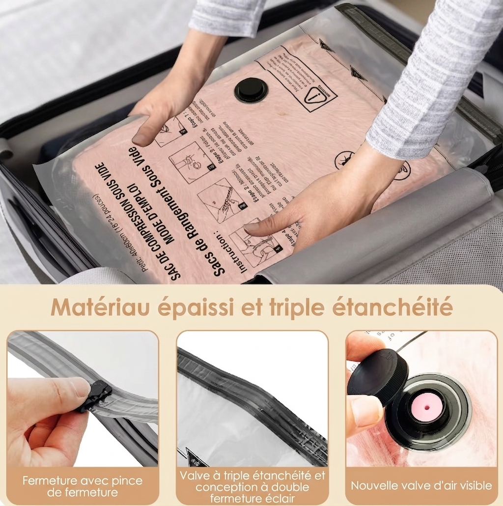 Kit de Compression Sous Vide Sans Fil – 8 Sacs + Pompe USB Rechargeable | Triplez l'Espace de Votre Valise