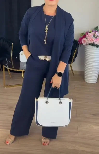Ensemble 3 Pièces Élégance — Gilet Long, Top & Pantalon Fluide