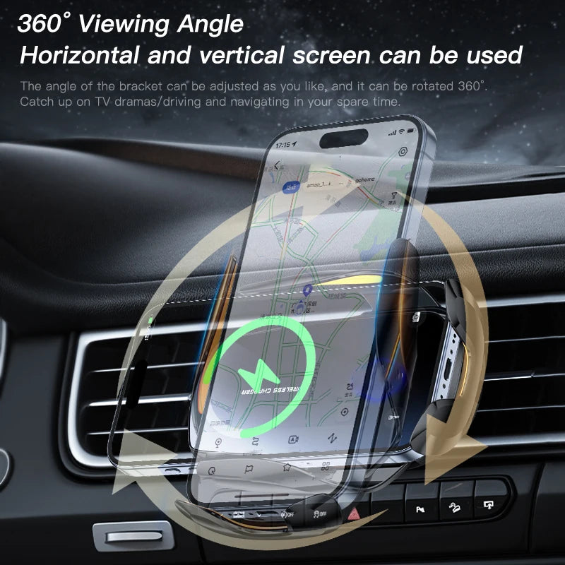 Support Téléphone Voiture avec Chargeur Sans Fil – Grille Aération – Rotation 360°