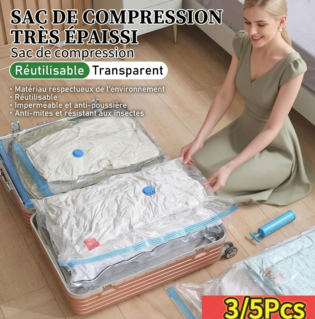 Lot de 3/5 Sacs de Compression sous Vide pour Vêtements et Literie – Gain de Place, Étanche, Organisateur de Voyage