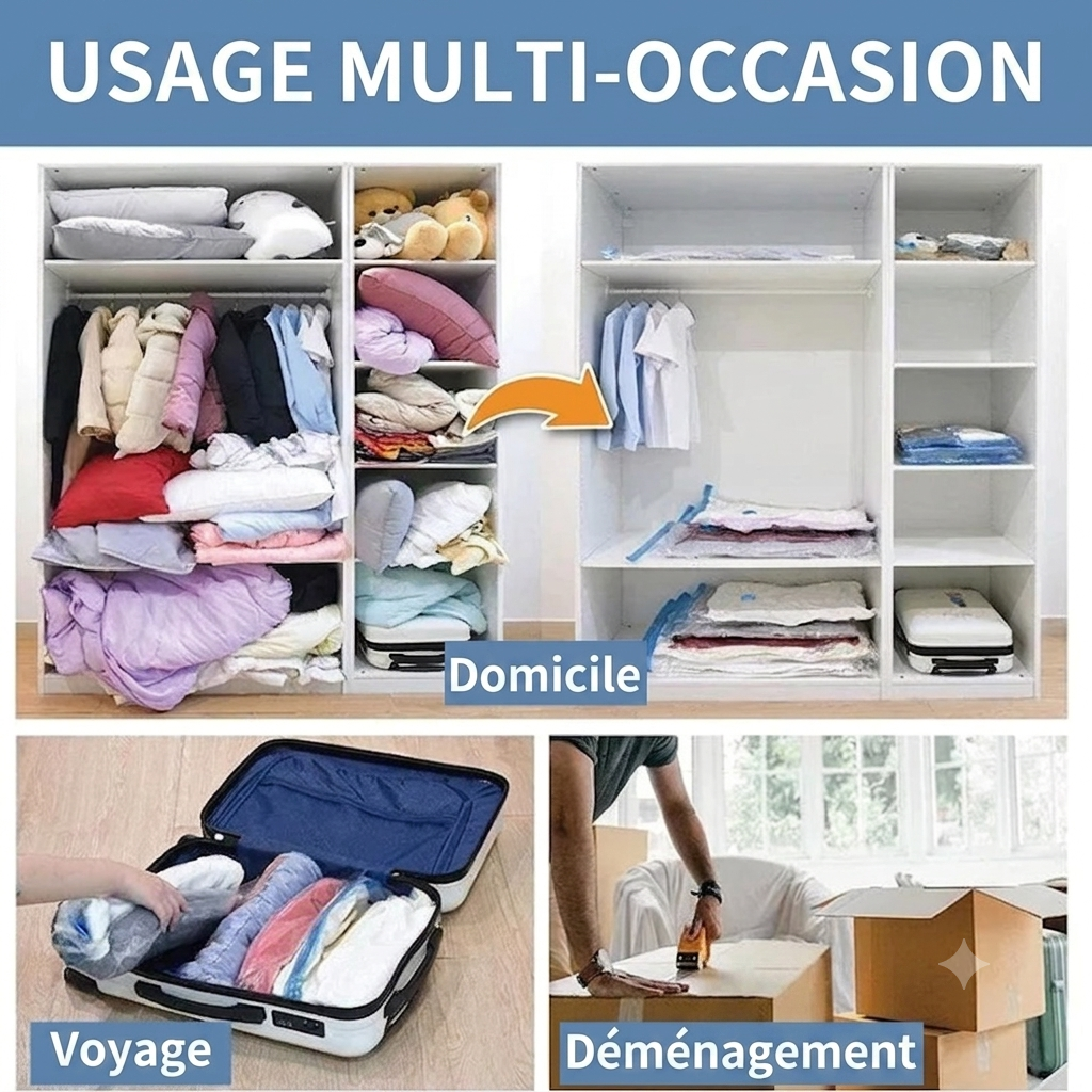 Lot de 3/5 Sacs de Compression sous Vide pour Vêtements et Literie – Gain de Place, Étanche, Organisateur de Voyage