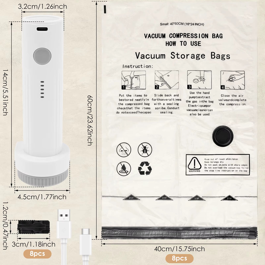 8Pcs Vacuum Storage Bags with USB Electric Pump Rapid Compression Double Zipper Lock Triple Seal Compression Bag for Luggage