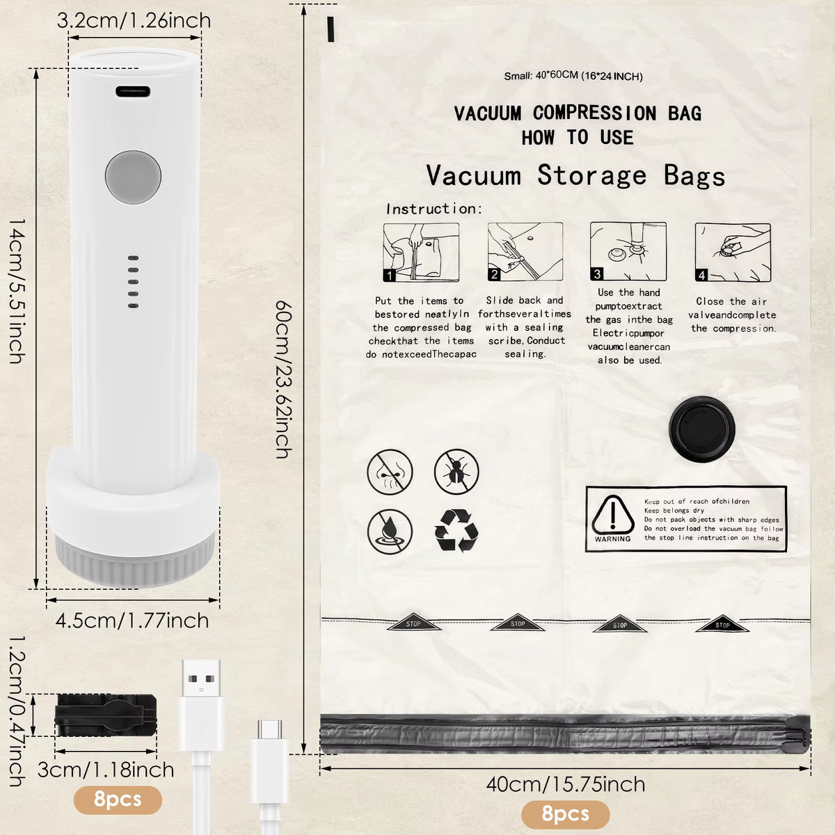 8Pcs Vacuum Storage Bags with USB Electric Pump Rapid Compression Double Zipper Lock Triple Seal Compression Bag for Luggage